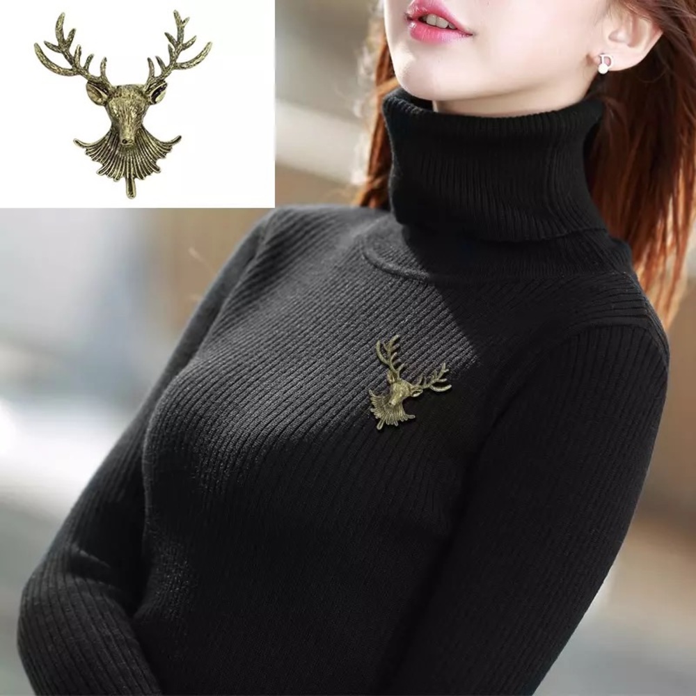 Antiqued Bronze Buck Deer Head Brooch Lapel Pin - Picture 7 of 14